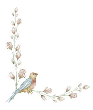 Watercolor botanical corner with Bird and flowers. Botanical illustration with rose branches and songbird for wedding stationery, baby shower invitations and feminine design in pastel colors.