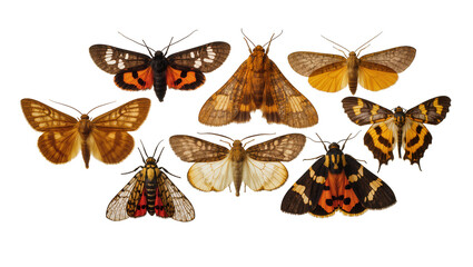 Collection of seven diverse moths with intricate wing patterns and colors © Peregrine