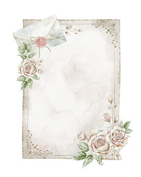 Watercolor vintage paper floral frame stationery template. Illustration of paper sheet with roses and envelopes for wedding invitations, correspondence and feminine branding projects.