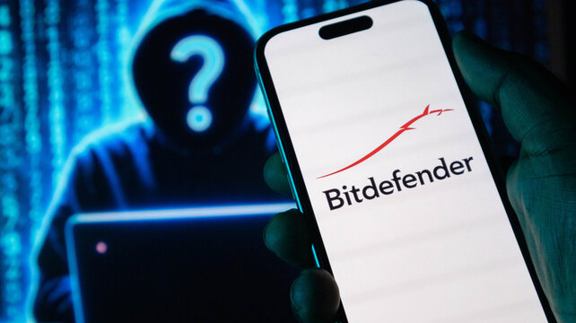 Hand holding smartphone displaying bitdefender company logo over dark digital background.