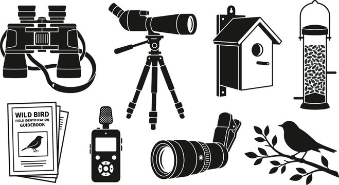 Bird Watching Equipment Vector Icon Set with Binoculars, Telescope, Birdhouse, Feeder, Guidebook, and Camera Lens for Outdoor Activities