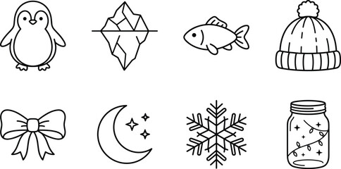 Collection of winter themed icons including a penguin and snowflake during a clear night sky isolated on white background © MDMOJIBAR