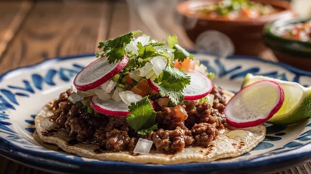 Close view of a beef taco on a patterned plate, topped with radish cilantro onion and queso, warm rustic table setting suggests casual comfort