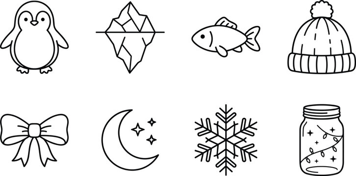 Collection of winter themed icons including a penguin and snowflake during a clear night sky isolated on white background