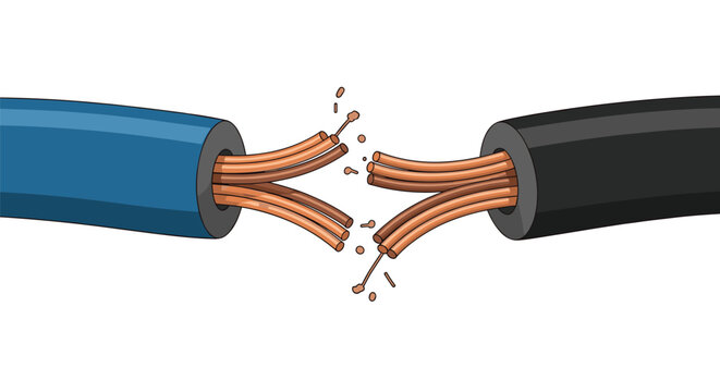 Broken copper electrical cable wire split in two with visible sparks flying, on a white background.