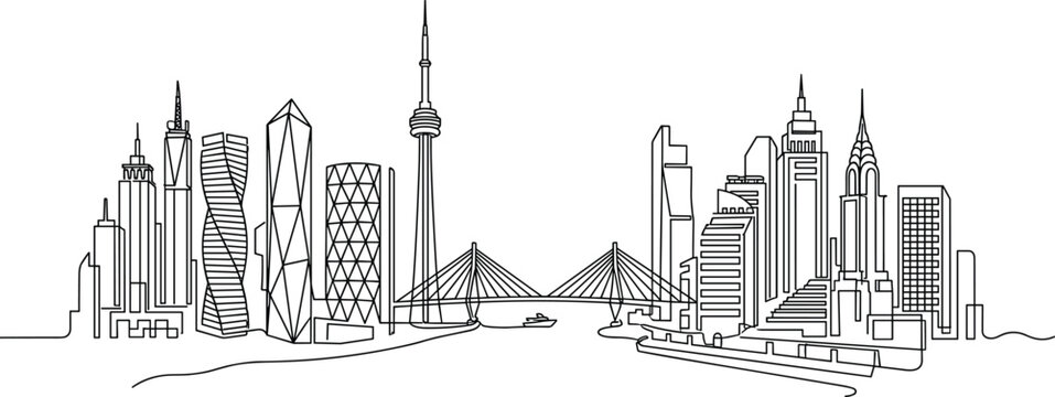 Modern City Skyline Line Art Illustration with Landmark Tower Bridge and Urban Architecture