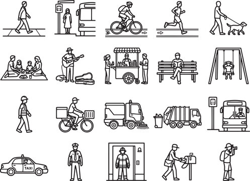 Collection of monochrome line art icons depicting everyday human activities and urban scenes, including transportation, recreation, and work.