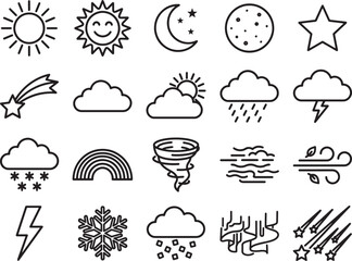 Obraz premium A collection of simple, outline-style icons representing various weather phenomena, including sun, moon, clouds, rain, snow, lightning, and more, displayed in a grid format for easy understanding.