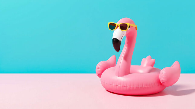 Pink flamingo floatie with sunglasses on light blue background