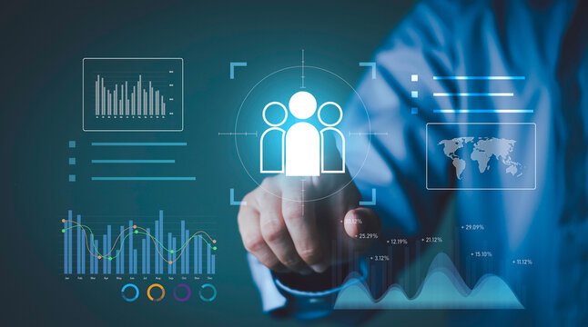 Businessman selecting workforce analytics dashboard with recruitment metrics, performance monitoring, data visualization, human resources, strategic planning, business growth and global management.
