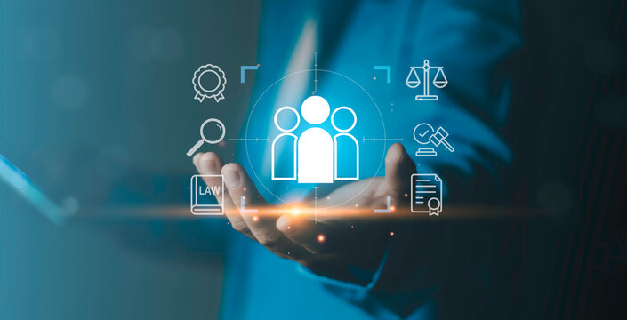Businessman presenting human resources and legal compliance concept with recruitment, due diligence, certification, governance, labor law, risk management and corporate verification.