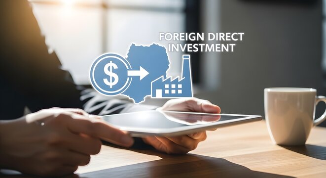 Foreign direct investment concept with person using tablet