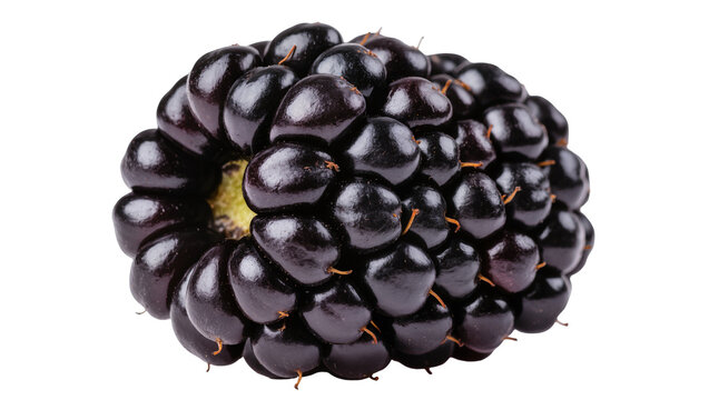Dark purple blackberry cluster with visible drupelets and small orange stems