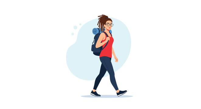 Active young woman with dreadlocks and glasses hiking with a big backpack and blue sleeping pad in flat style.