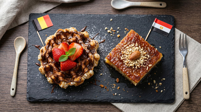 Delicious waffle and basbousa cake served on a black platter