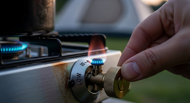 Hand adjusting gas stove knob.