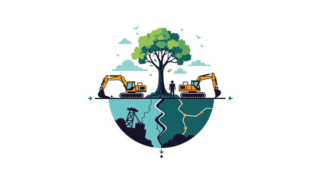Conceptual graphic illustrating the environmental balance between green nature conservation and industrialization.