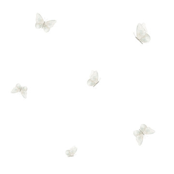 Butterfly seamless minimal pattern. Watercolor illustration with small insects with white pastel wings. Delicate background for wallpaper, textile design, fabric and wrapping paper. Delicate backdrop.