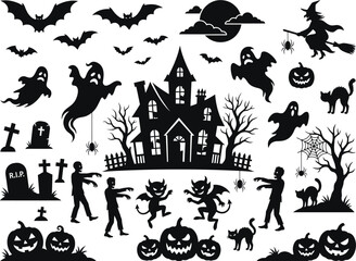 Fototapeta premium Spooky halloween silhouettes ghosts bats witch zombies and haunted house vector illustration