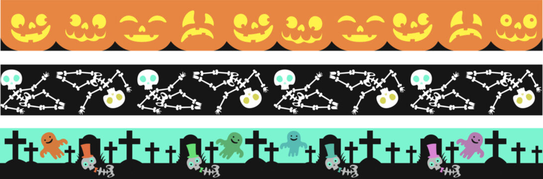 Three decorative Halloween horizontal borders featuring glowing jack-o-lanterns, dancing skeletons, and spooky graveyard tombstones isolated on white.