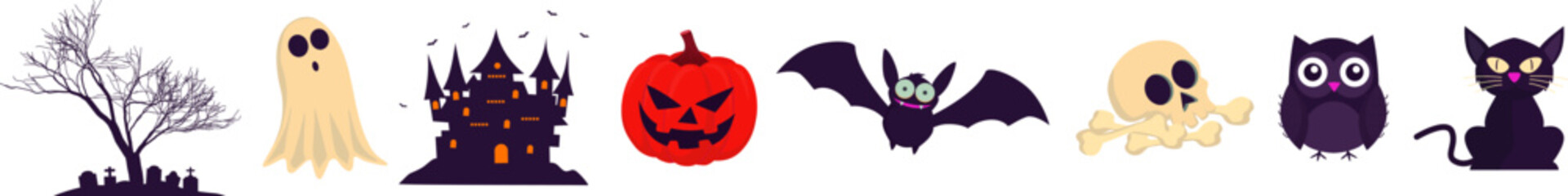 Obraz premium A horizontal flat design Halloween banner element set with spooky icons isolated on a clean white background.
