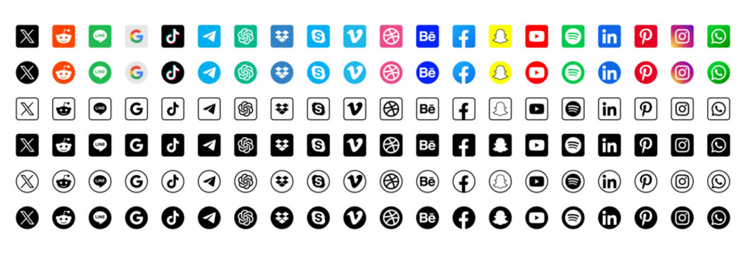 Social media logo collection, Facebook, Threads, X, Twitter, Instagram, YouTube, Snapchat, Pinterest, WhatsApp, LinkedIn, TikTok symbols, professional vector illustration