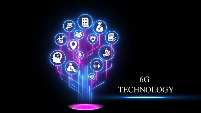 6 g technology concept with neon digital network tree and business on black background, connectivity