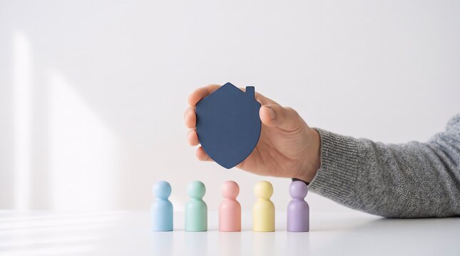 A hand holding a blue shield shape over colorful wooden peg dolls representing home and family protection with protection security insurance leadership business