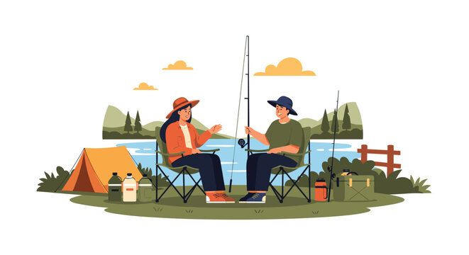 Happy couple enjoying a peaceful day of fishing and camping by the calm lake in a scenic mountain landscape.