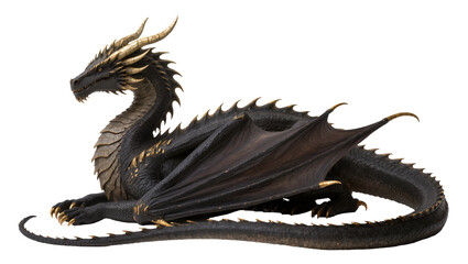 Black dragon with golden horns and claws resting © Peregrine