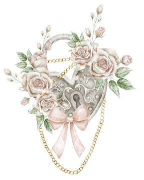 Watercolor vintage Lock with roses and golden chain. Illustration of Floral composition. Arrangement with flowers and ribbon for wedding invitations, stationery and greeting cards.