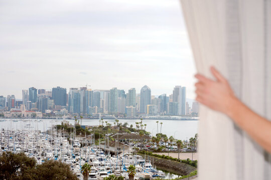Opening Curtain to Reveal San Diego Skyline