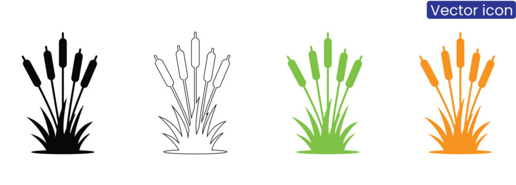 Vector set of cattail plant icons in black, line art, green, and orange on a clean white background, suitable for ecology or nature concepts