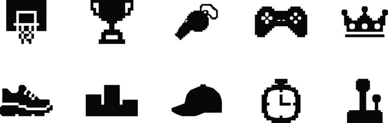 black silhouette pixel art icon set vector illustration featuring basketball hoop trophy whistle gamepad crown sneaker podium cap clock and joystick  © MstMonjila