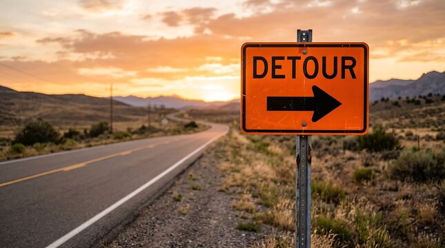 Orange detour sign on desert road during golden hour sunset lighting