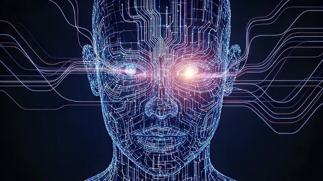 Digital human face circuit board data flow network abstract