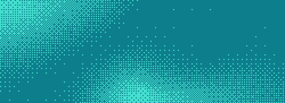 Aqua mint pixelated bitmap texture background. Retro pixel art, glitch dither pattern, 8 bit background. Halftone bit gradient fade pixel duotone border for arcade video game. Vector