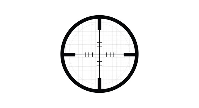 Detailed black sniper scope target with crosshairs and measurement grid lines isolated on a white background.
