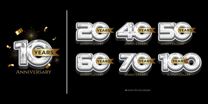 Silver Chrome Anniversary Years Collection 10 20 40 50 60 70 100 Editable Vector Typography Set