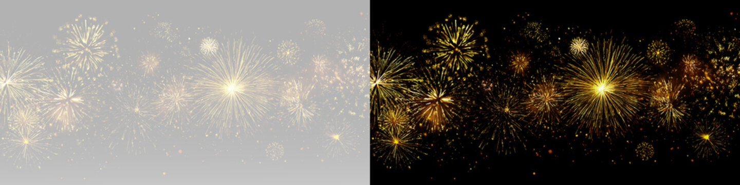 Golden luxury fireworks display with sparkling glowing pyrotechnic explosions celebration holiday festival event party New Year light show and premium effects