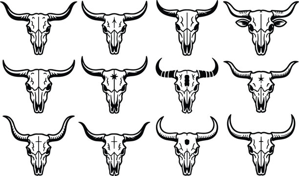 Bull skull silhouettes with various horn shapes and symbols for western and tribal motifs