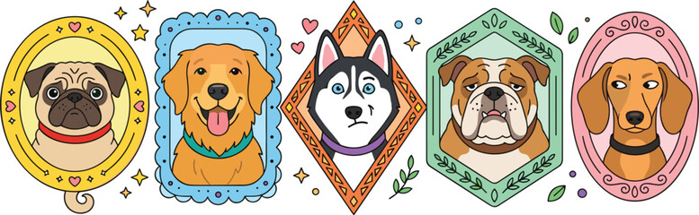 Cute Dog Breed Portrait Set with Pug, Golden Retriever, Husky, Bulldog, and Dachshund in Colorful Frame Vector Illustration © Lcpl