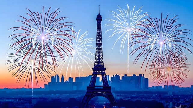 Eiffel tower fireworks display at night