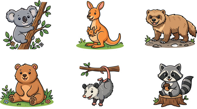 Cute Cartoon Wildlife Animal Set with Koala, Kangaroo, Wolverine, Bear, Opossum, and Raccoon for Kids and Nature Designs