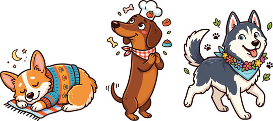 Cute Dog Breed Set with Sleeping Corgi, Hungry Dachshund Chef, and Happy Husky with Flower Collar for Pet Lover Designs © Lcpl