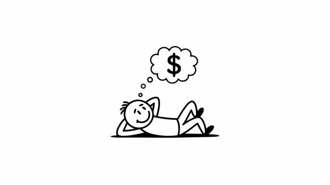 Stick Figure Man Lying Down and Dreaming About Money Animation