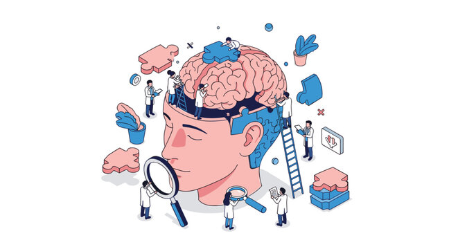 Miniature medical team working together to assemble a large human brain like a puzzle for mental health and neurology.