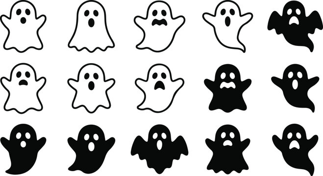 Halloween ghost icons in black and white