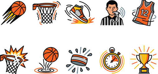 basketball vector illustration flat line icon set containing ball hoop hoop slam dunk sneaker referee whistle jersey stopwatch and championship trophy cup  © MstMonjila