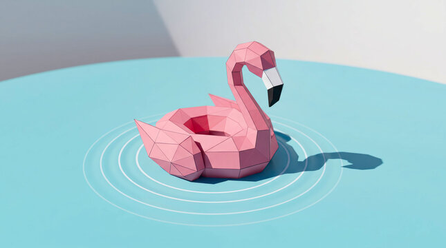 Pink low-poly swan floating on calm water